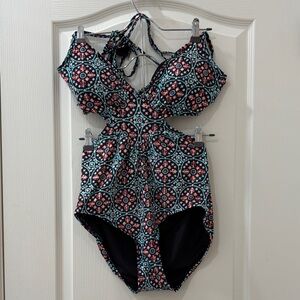 Michael Kors Teal and Coral Printed One-Piece Swimsuit